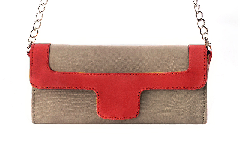 Women's tan beige and scarlet red luxurious elegant clutch for ceremonies, weddings and evenings out. - Profile view